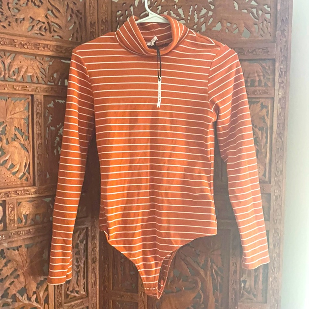 Burnt orange and white striped Turtle neck/bodysuit